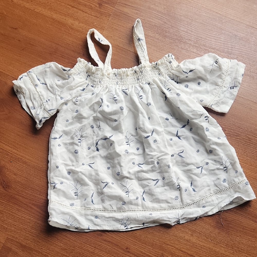 Love Notes White Off-Shoulder Floral Top with Navy Print